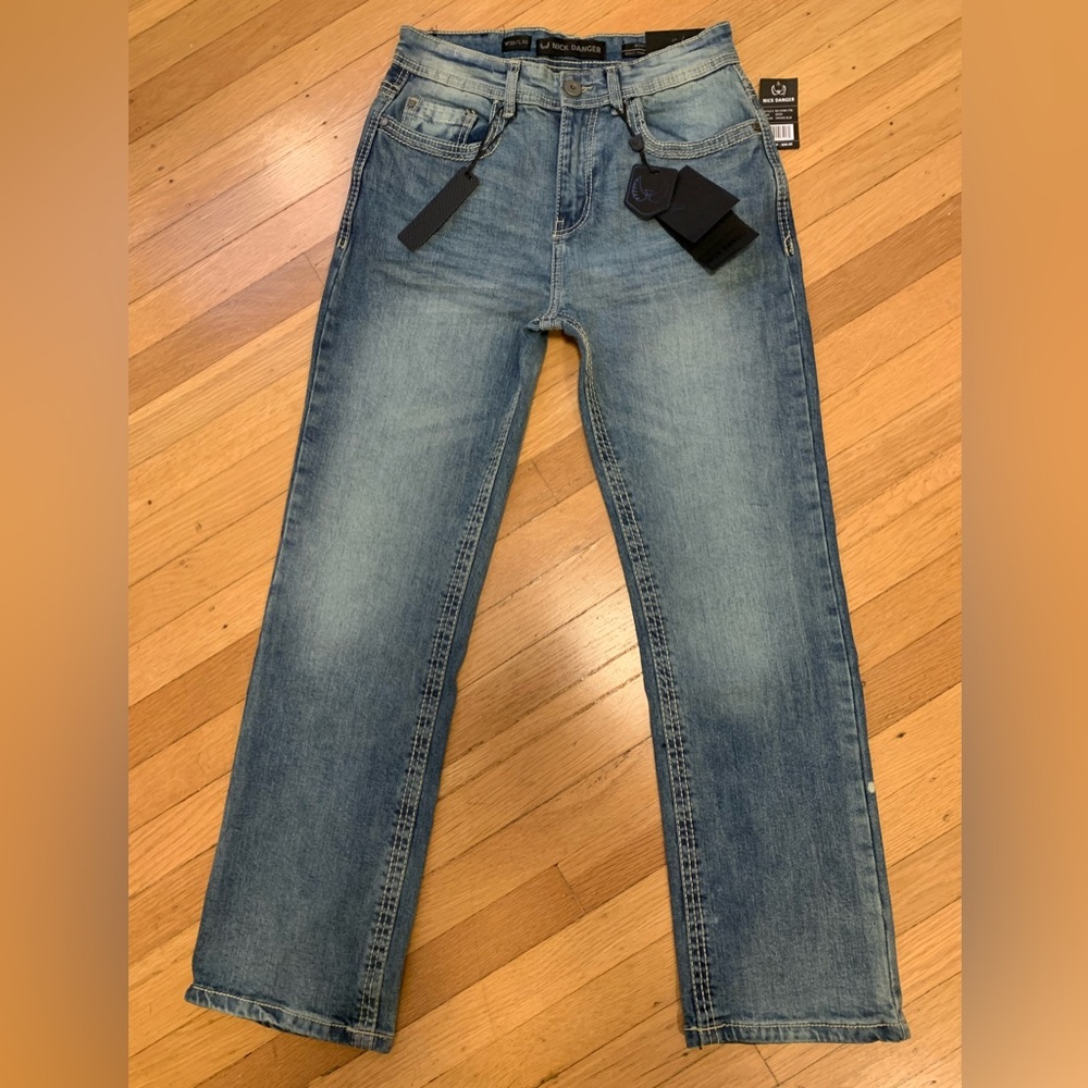 NWT MEN’S NICK DANGER VINTAGE BLUE BOOT SUPREME FLEX JEANS 32W/30L-actually 29L